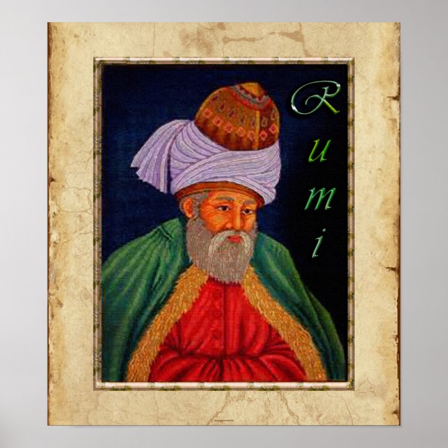 Póster Retrato místico sufí de Rumi sobre pergamino falso (Frente)