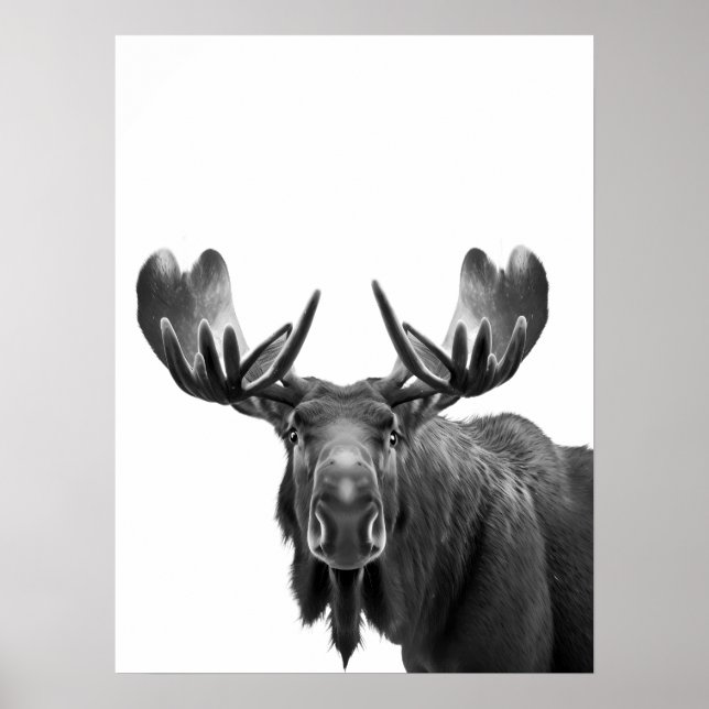 Póster Retrato moderno de alce negro blanco (Frente)