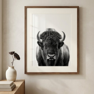 Póster Retrato moderno de Bisonte Búfalo blanco negro