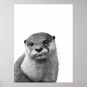 Póster Retrato moderno de Otter Woodland en blanco y negr