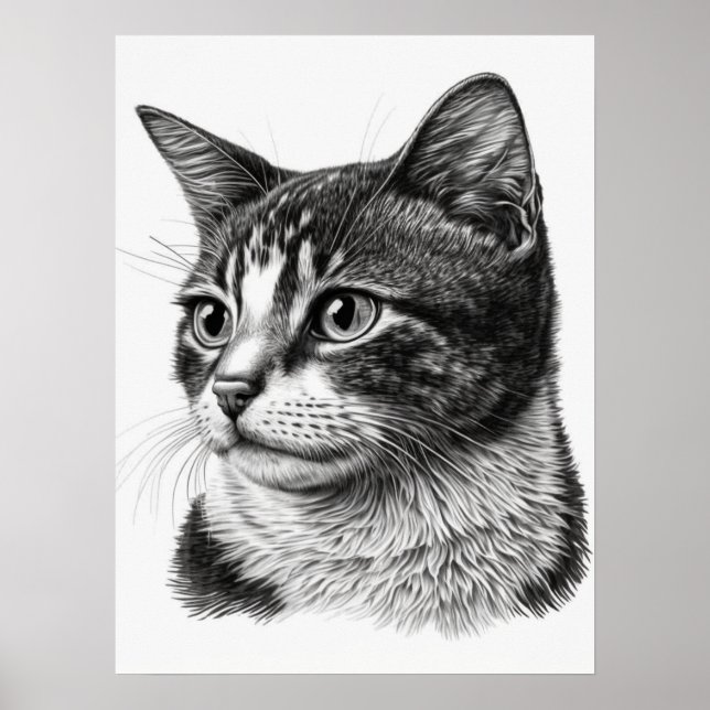 Póster Retrato monocromo de gato negro y blanco (Frente)