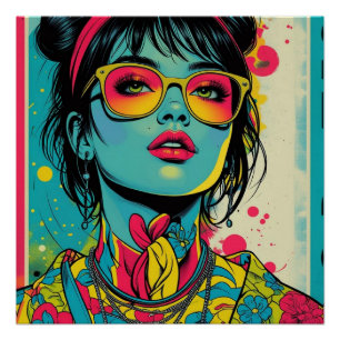 Póster Retrato Neon Pop Diva - Arte Retro Audaz y Vibrant