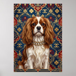 Póster Retrato Ornate de Damasco de Cavalier Spaniel Blen