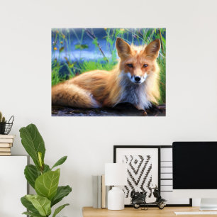 Póster Retrato Rojo Fox De Un Poste De Pintado De Acuarel