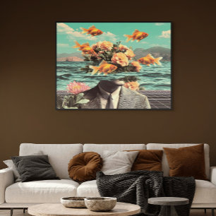 Póster Retrato surrealista con flores de pez dorado y océ