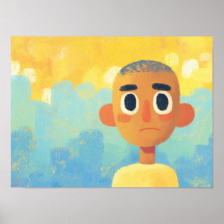 Póster Retrato Texturizado Melancólico en Azul y Dorado