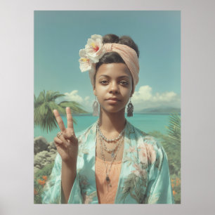 Póster Retrato tropical con gesto de signo de paz