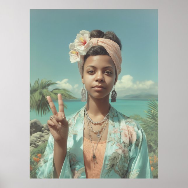 Póster Retrato tropical con gesto de signo de paz (Frente)