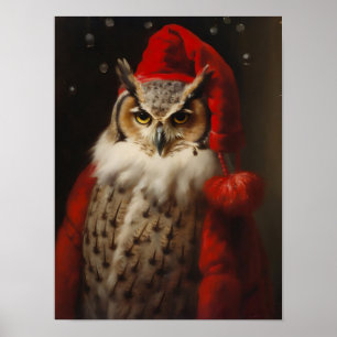 Póster Retrato vintage de búho de Santa de Navidad, Anim
