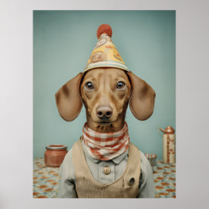 Póster Retrato vintage de Dachshund con sombrero de fiest