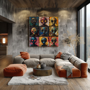 Póster Retratos alienígenas abstractos en cuadrícula de g