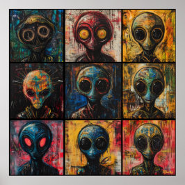Póster Retratos alienígenas abstractos en cuadrícula popa