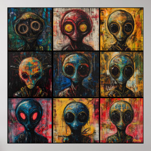 Póster Retratos alienígenas abstractos en cuadrícula popa