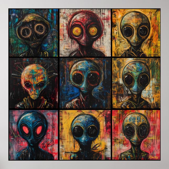 Póster Retratos alienígenas abstractos en cuadrícula popa (Frente)