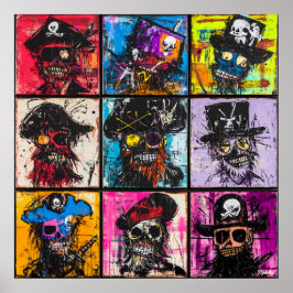 Póster Retratos de cráneos de piratas coloridos en cuadrí