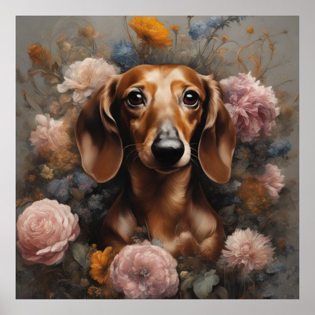 Póster Retratos de raza de perros de flores 1 (Frente)