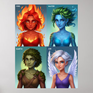 Póster Retratos elementales de fantasía de agua de fuego 