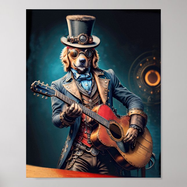 Póster Retriever dorado Steampunk tocando la guitarra (Frente)