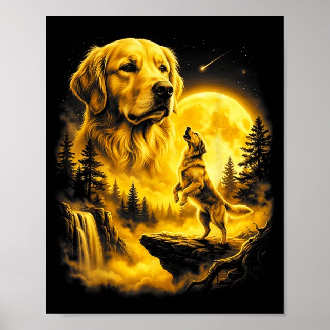 Póster Retriever Labrador Amarillo Aullando a La Luna Art (Frente)