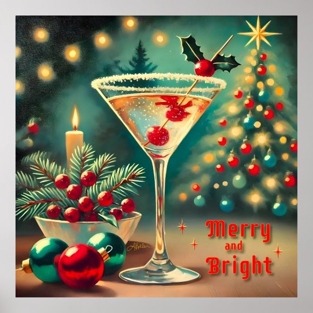 Póster Retro 50 Merry Bright Navidades Cocktail Martini (Frente)