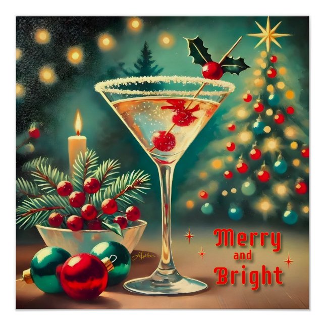 Póster Retro 50 Merry Bright Navidades Cocktail Martini (Anverso)