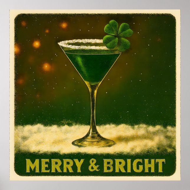 Póster Retro 50s 4 Leaf Clover Irish Christmas Martini (Frente)