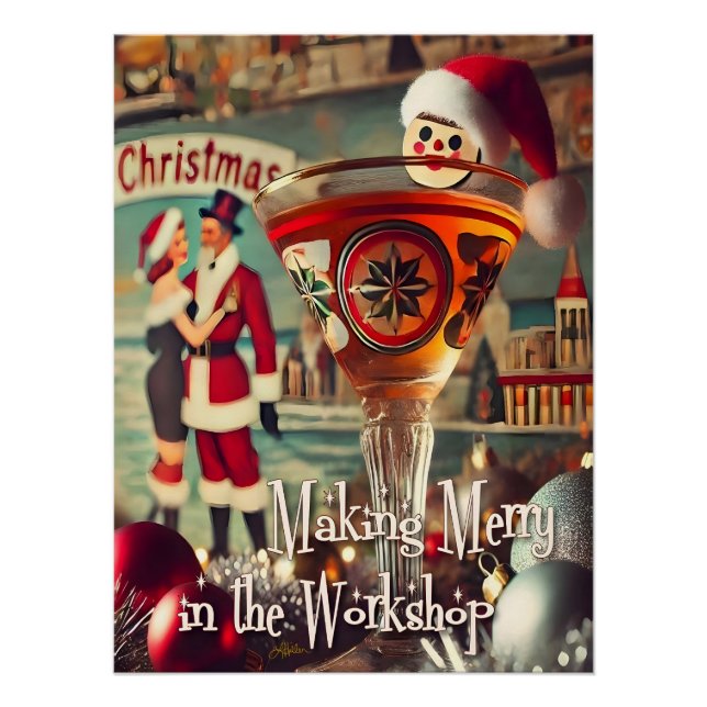 Póster Retro 50s Cocktail Making Merry Christmas Workshop (Anverso)