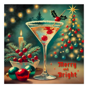 Póster Retro 50s Cóctel Martini de Navidad Alegre y Brill
