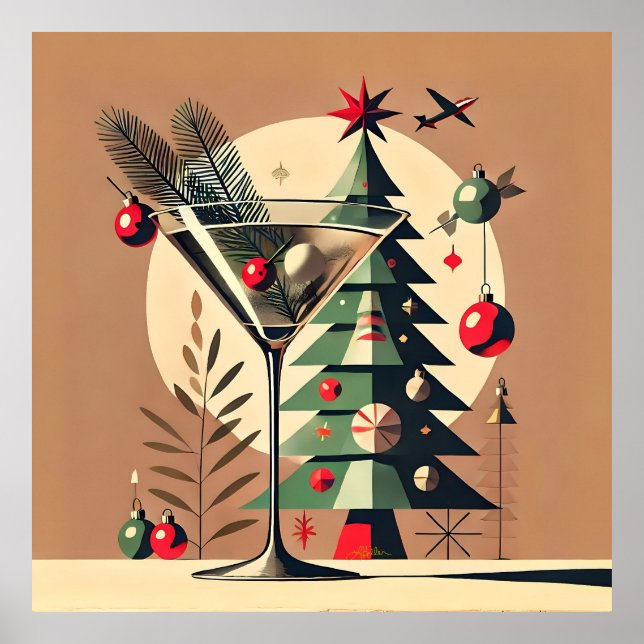 Póster Retro 50s Jet Set Christmas Tree Martini (Frente)
