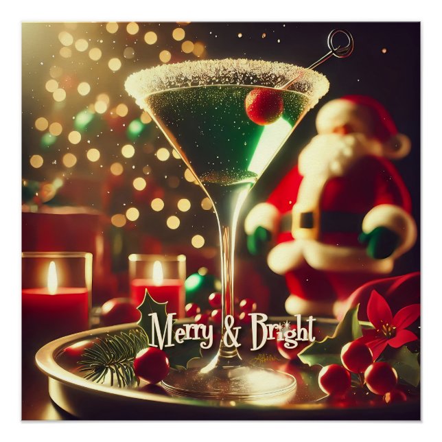 Póster Retro 50s Santa Christmas Green Martini (Anverso)