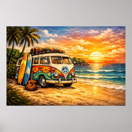 Póster Retro 60s Hippie Beach Bus Sunset | Surf Van Life