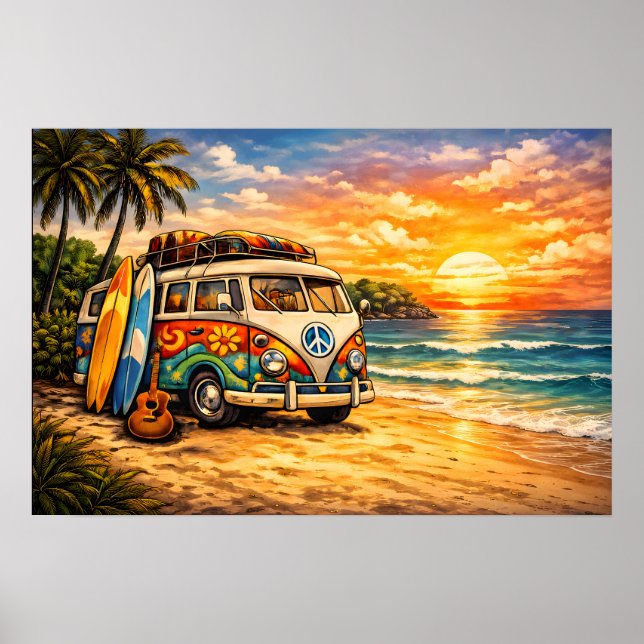 Póster Retro 60s Hippie Beach Bus Sunset | Surf Van Life (Frente)