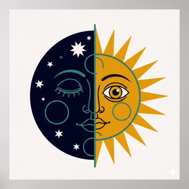 Póster Retro 70s Celestial Sun Moon Split Face Art Print (Frente)