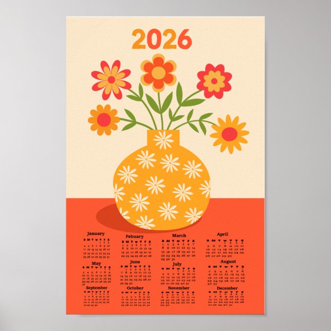 Póster Retro 70s Flowers Vase 2026 Calendar (Frente)