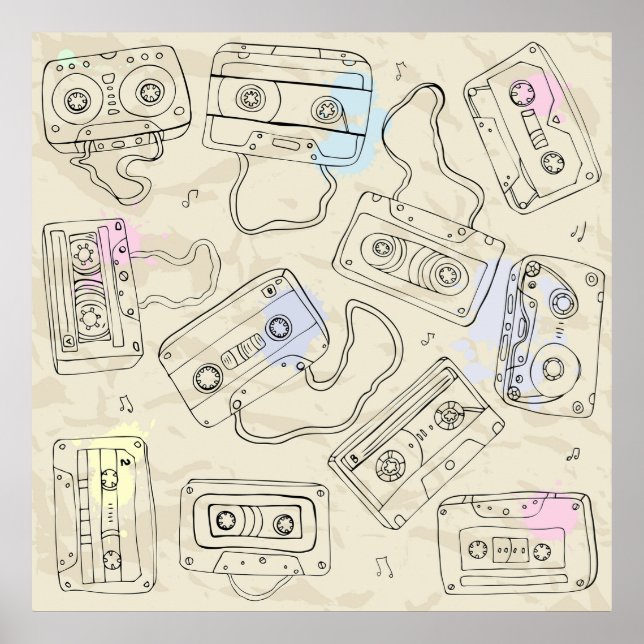 Póster Retro 80s 90s Nostalgic Cassette Mix Tape Pattern (Frente)