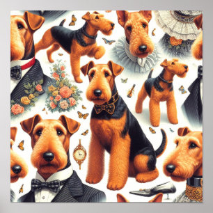 Póster Retro Airedale Terrier Seamless