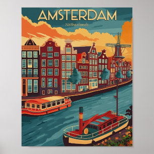 Póster Retro Amsterdam, Países Bajos