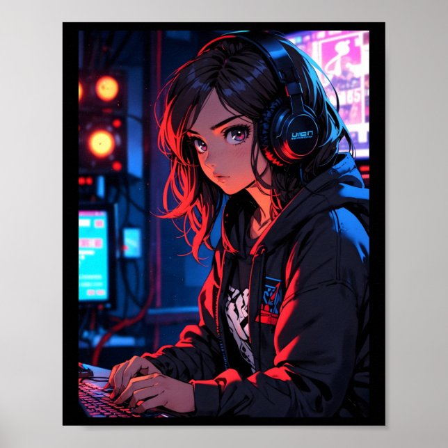 Póster Retro Anime Chica Gamer Cyberpunk Streaming Setup  (Frente)