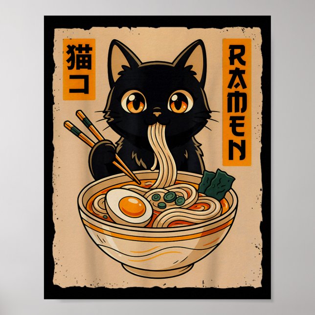Póster Retro Anime Kawaii Black Cat Eating Ramen Noodles  (Frente)
