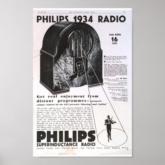 Póster Retro antiguo de anuncios de Philips radio 1934 (Frente)