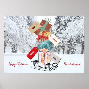 Póster retro árbol invierno vintage Familia Feliz Navidad