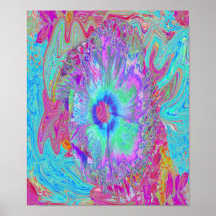 Póster Retro Arcoíris Psicodélico Flor de Hibisco Azul