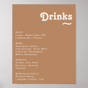 Póster Retro Beach   Brown Wedding Drinks Menu Sign