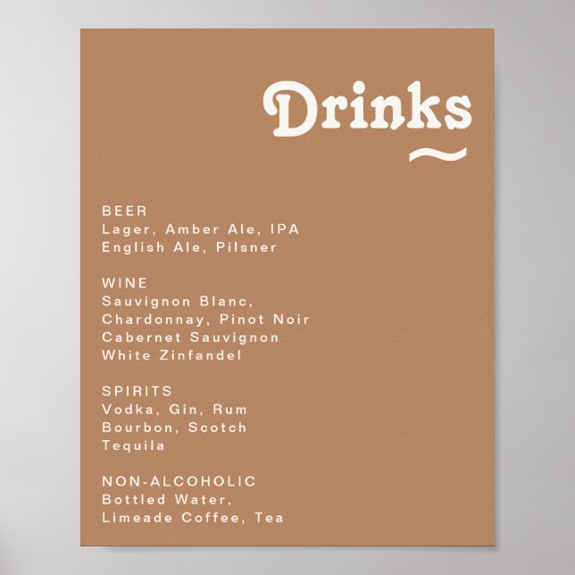 Póster Retro Beach | Brown Wedding Drinks Menu Sign (Frente)