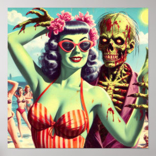 Póster Retro Beach Zombie Pin Up