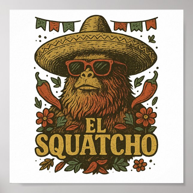 Póster Retro Bigfoot Cinco de Mayo Sombrero El Squatcho (Frente)