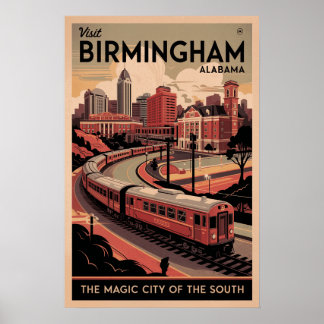 Póster Retro Birmingham, afiche de viaje de Alabama