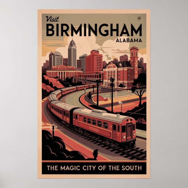Póster Retro Birmingham, afiche de viaje de Alabama (Frente)