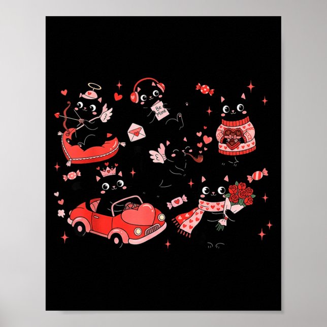 Póster Retro Black Cat Heart Valentines Day Cute Kitten L (Frente)