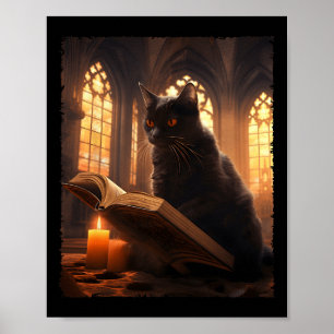 Póster Retro Black Cat Reading Book Vintage Halloween Boo